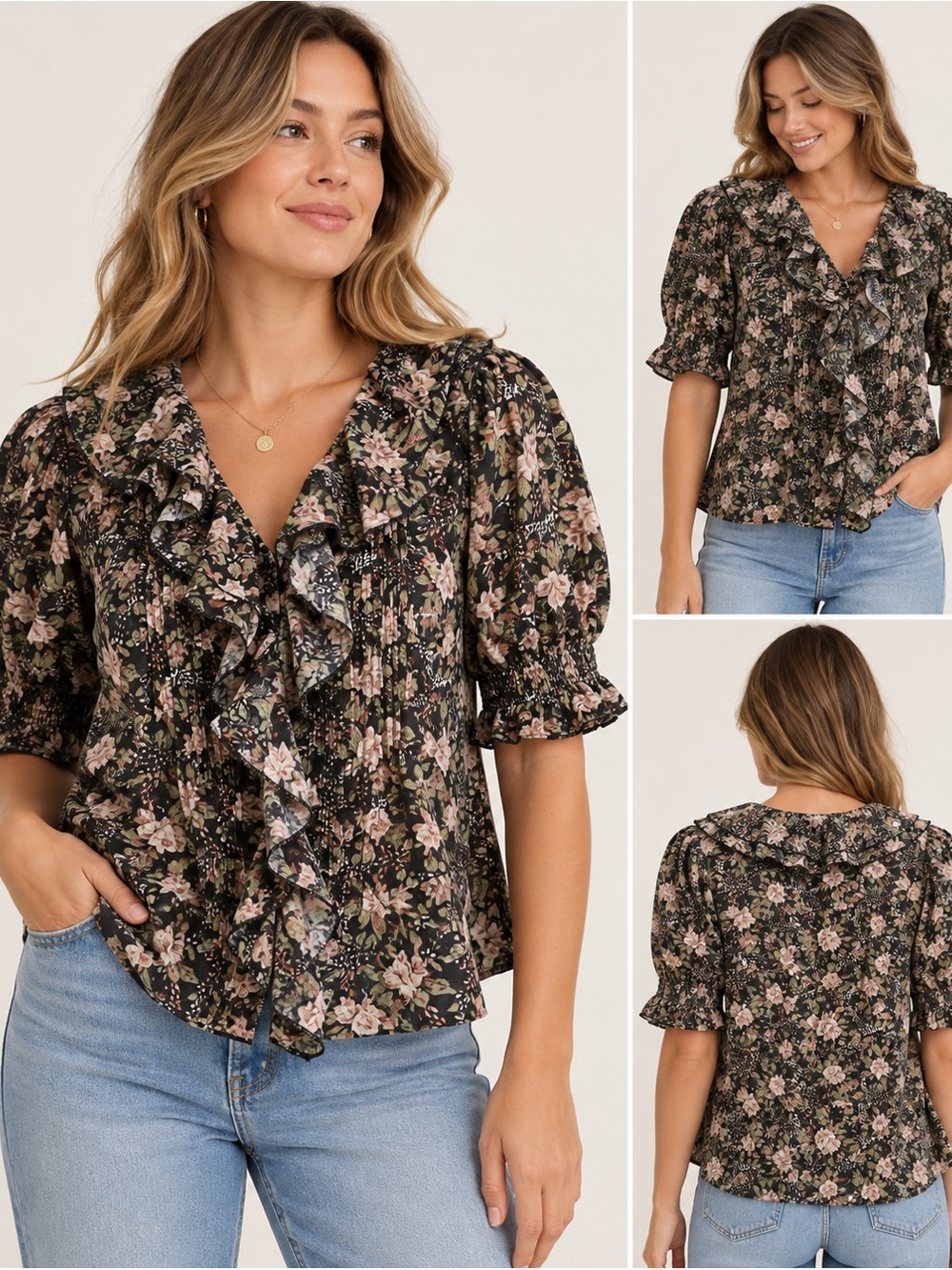 Natural Life My Favorite Cotton Top M Black Flung Floral Ruffle Boho Blouse